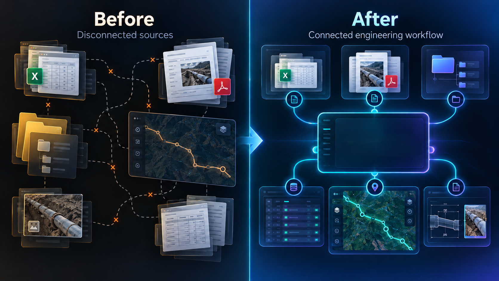 Before and after: disconnected sources become a connected workflow