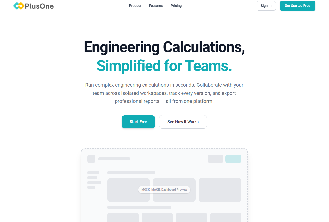 PlusOne engineering calculations SaaS landing page